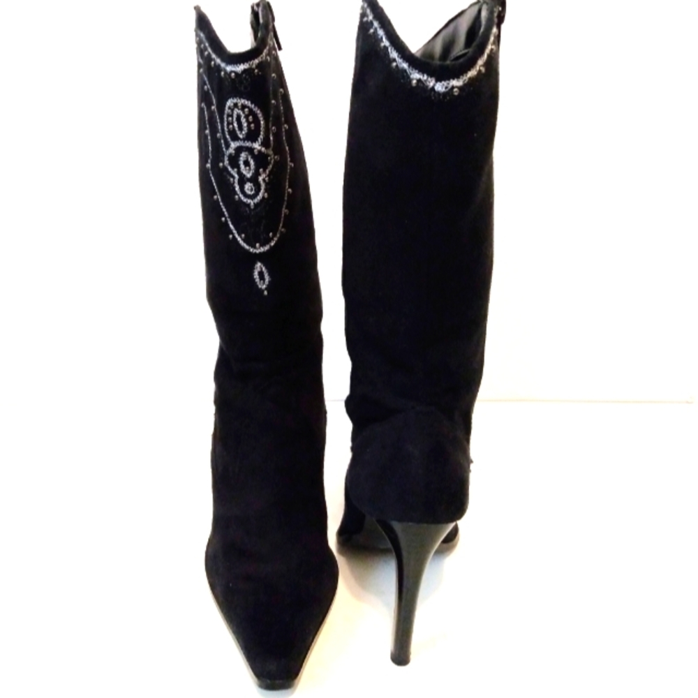 Splash Fashion Black Silver Zip Point Toe Embroidered Bead 3 1/2" Heel Boots 5.5